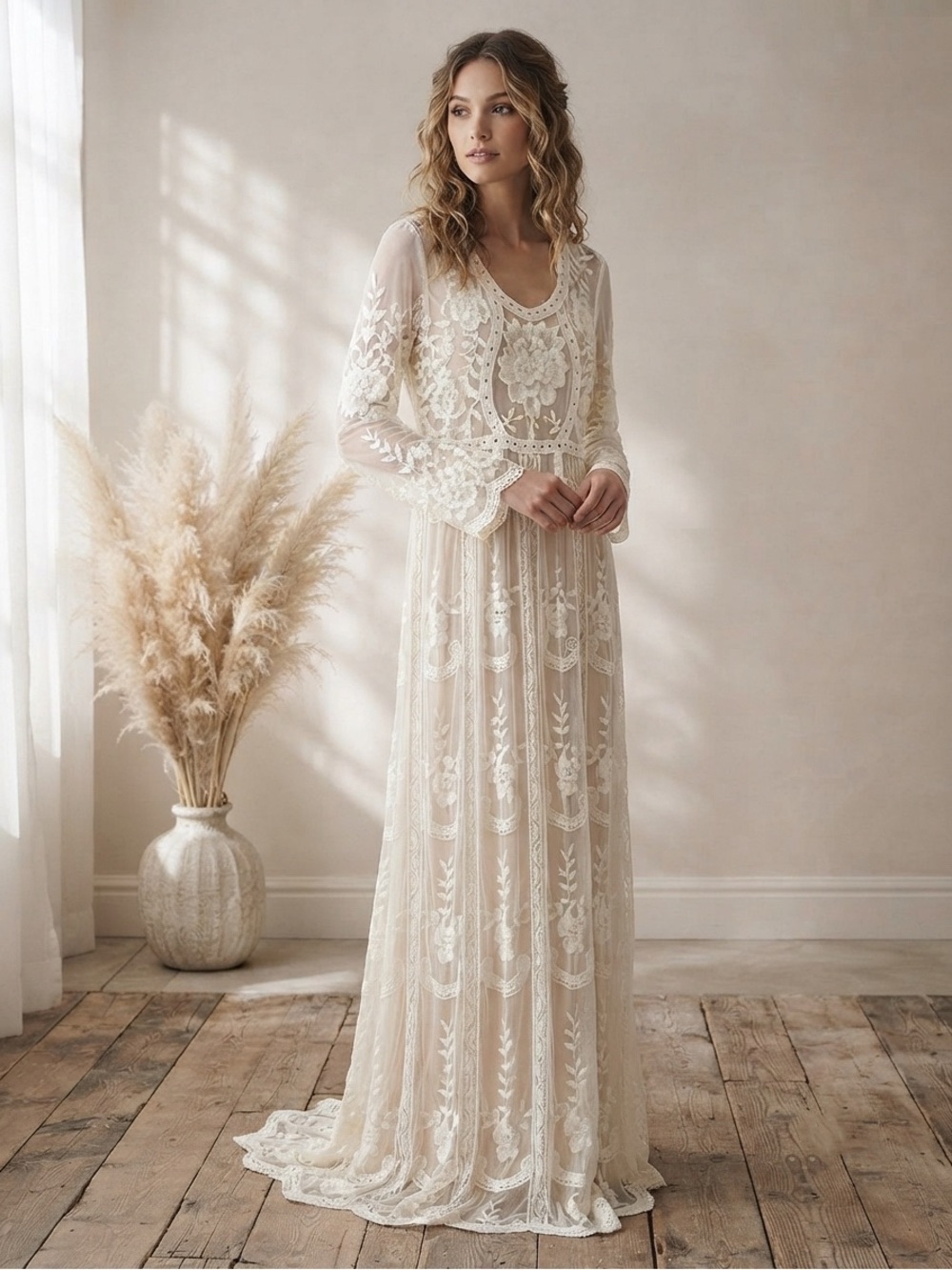 Lace dress with floral embroidery Cottagecore XL Bohemian Silhouette Wedding - Picture 2 of 10